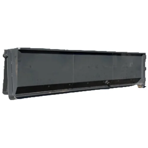 A large, empty metal shipping container or storage unit with a black bottom trim, viewed from the side.