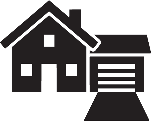 Icon of a house with a garage door and a driveway in black and white.