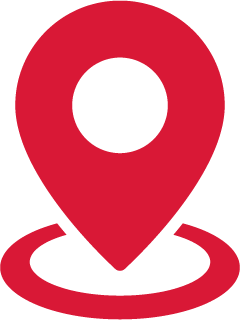 A red map pin icon on a black background.