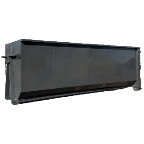A large, black, industrial dumpster or trash bin on wheels.