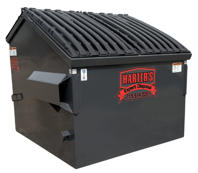 Commercial black dumpster with a sloped lid and Harters Expert Disposal logo with contact number.