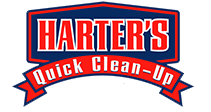 Harter's Quick Clean-Up logo with a blue shield, red banner, and white and red text.