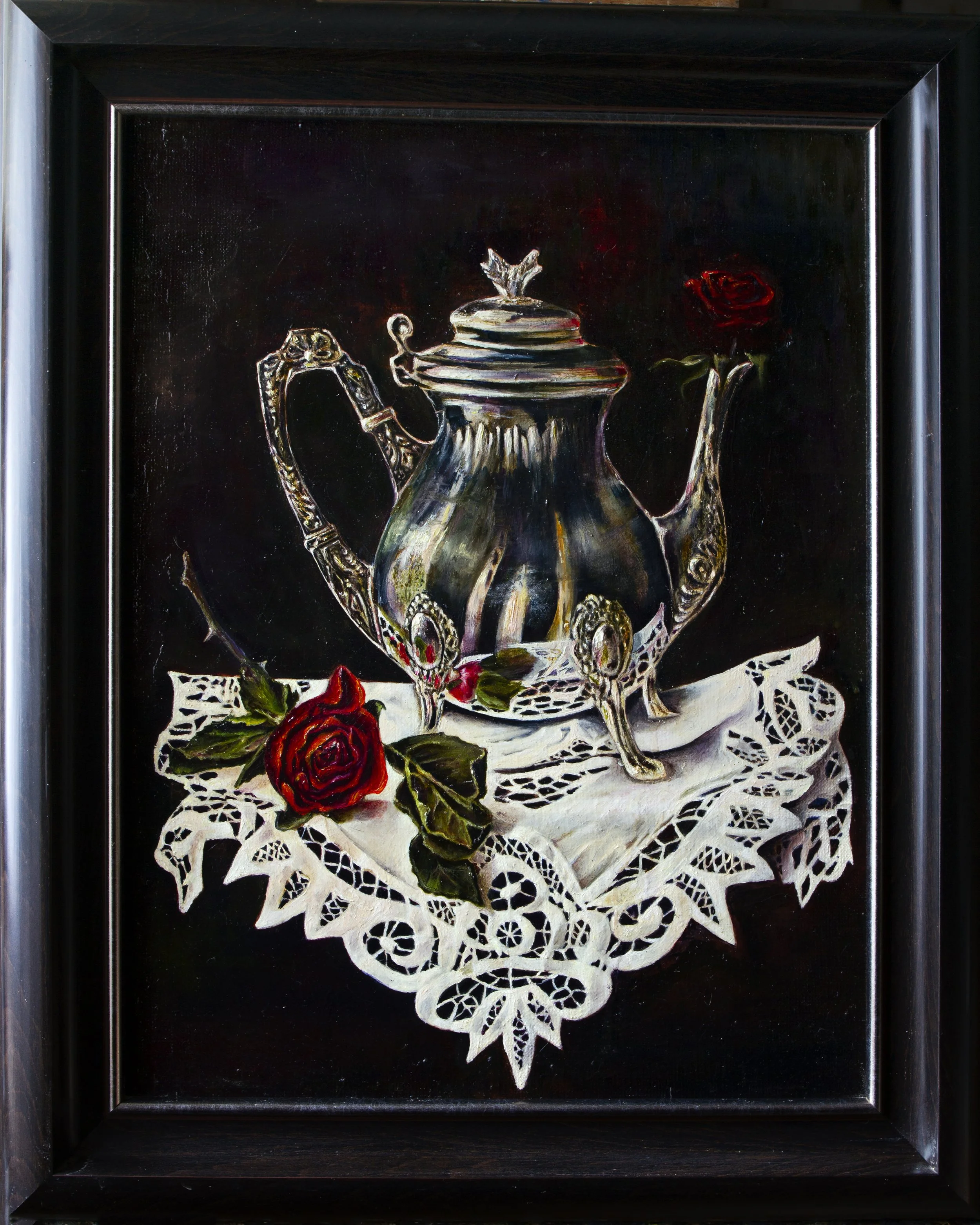 Silver Coffee Pot with Red Rose