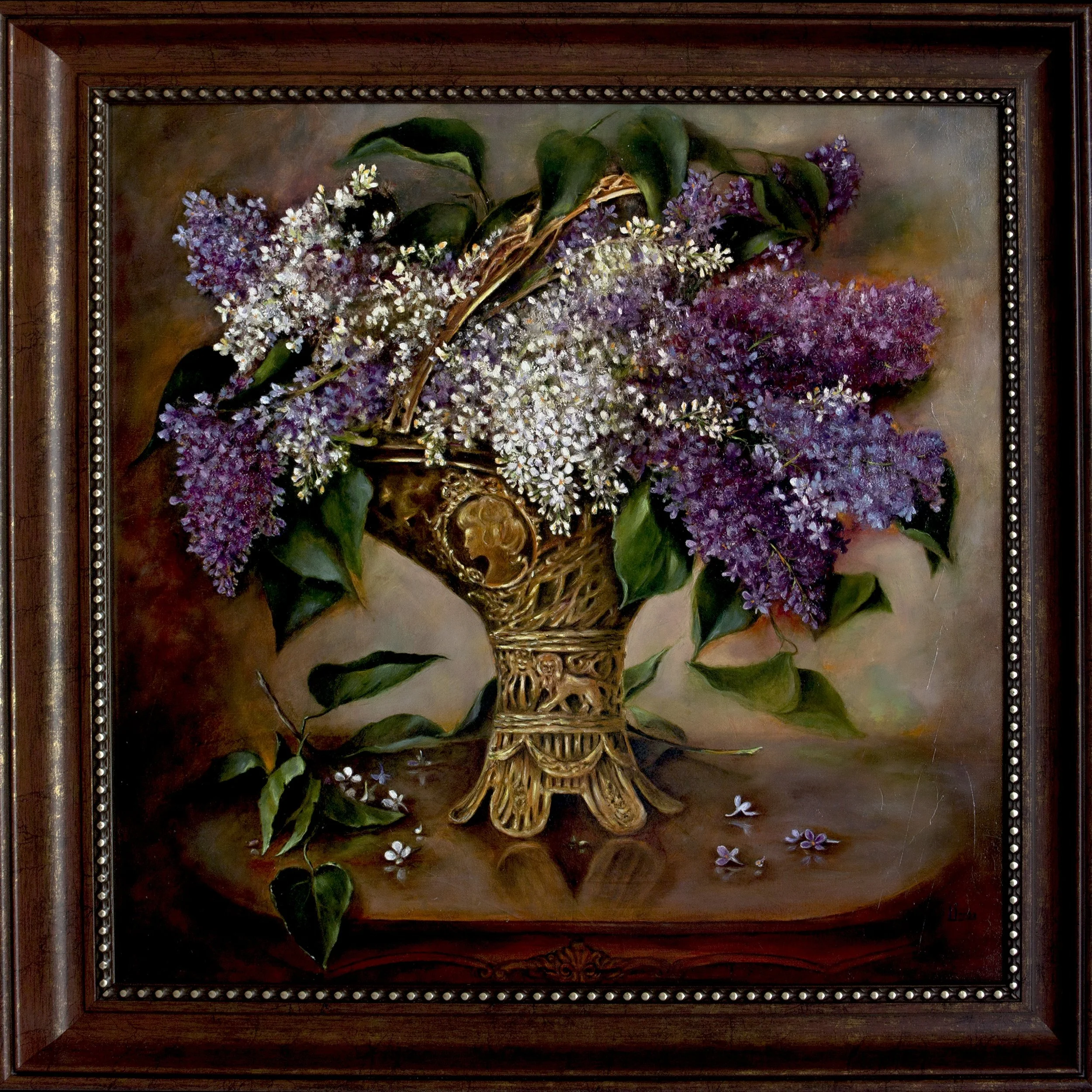 A Bouquet of Lilacs in a Bronze Vase
