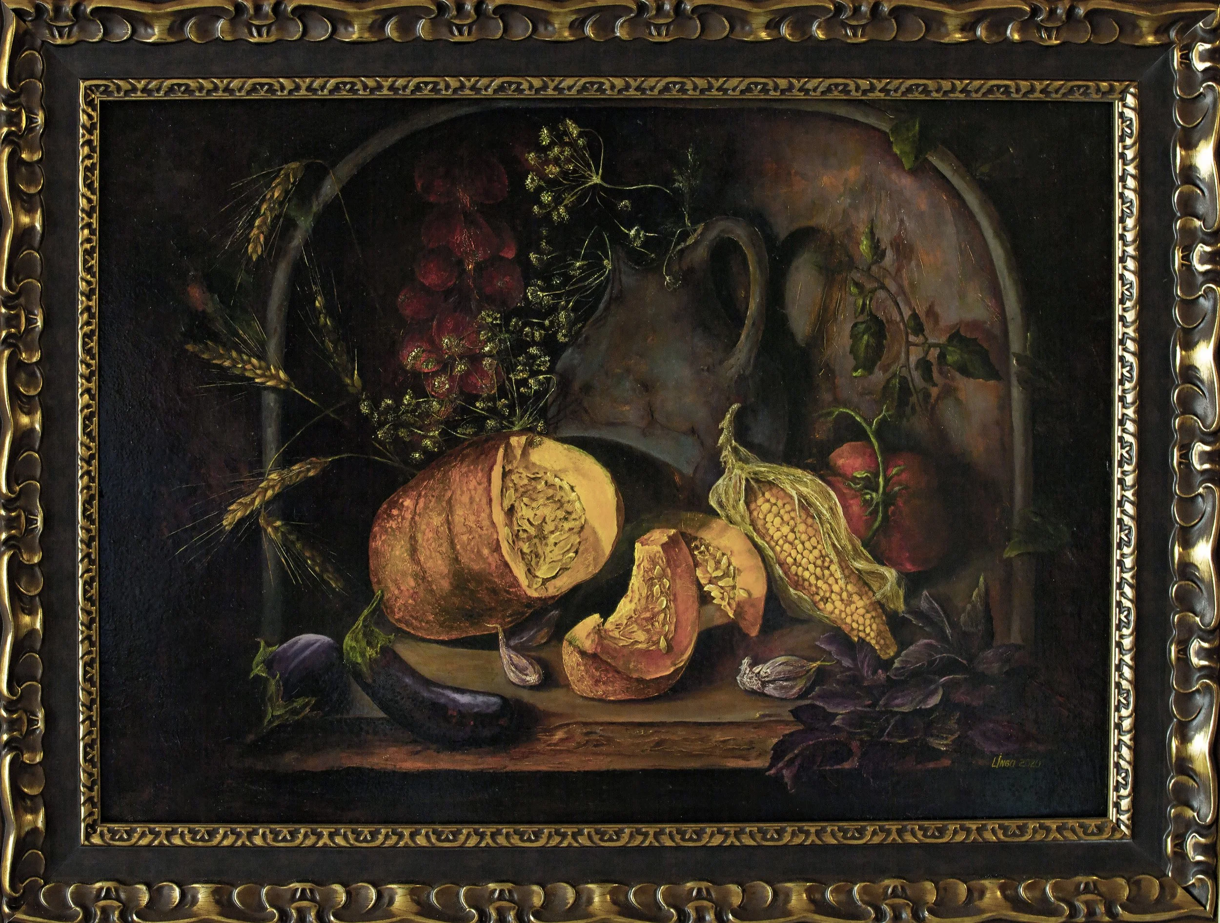 Rustic Still Life with Pumpkin, Corn and Old Jug