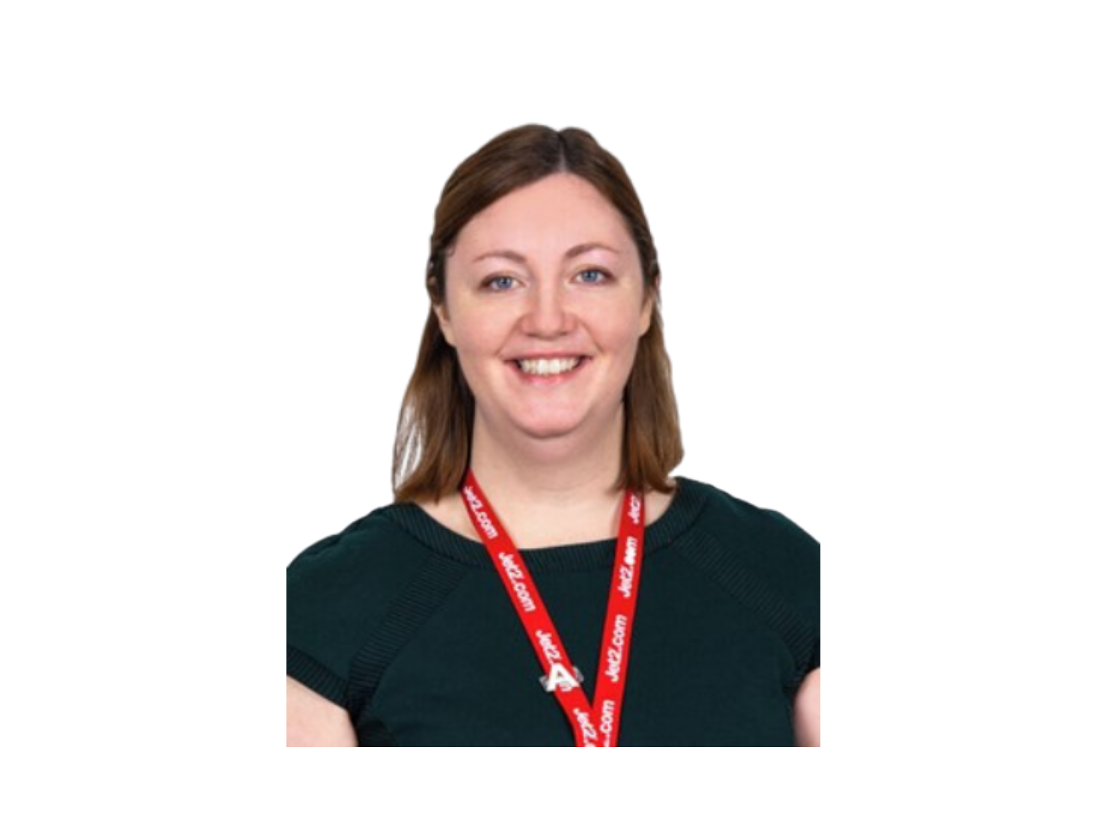 A woman with shoulder-length light brown hair, blue eyes, and a smile, wearing a dark green shirt and a red lanyard with white text.