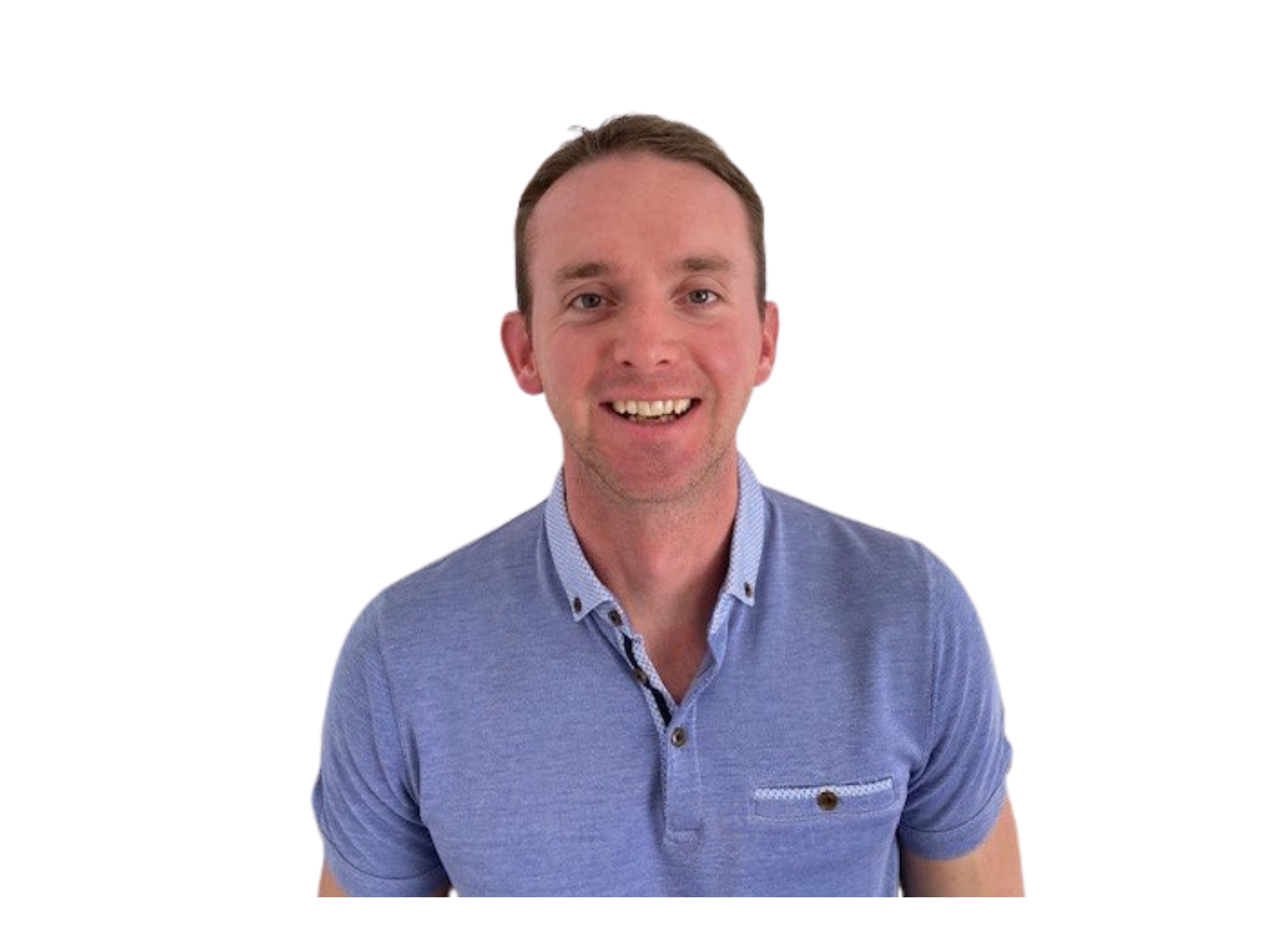 A smiling man with short light brown hair and wearing a blue collared shirt, standing against a black background.