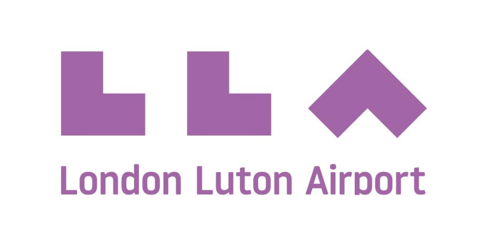 Logo for London Luton Airport with stylized purple geometric shapes and text