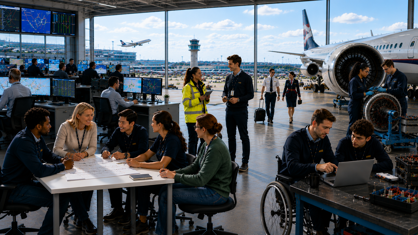 A busy airport hangar with personnel collaborating and working on aircraft maintenance and air traffic management, with multiple monitors displaying flight information and airplanes visible through large windows.