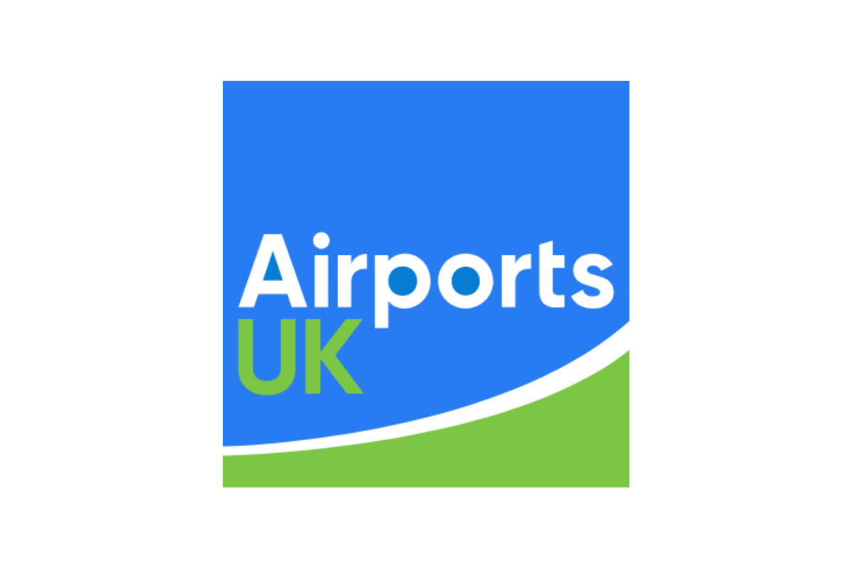 Logo with a blue background and white and green text that says 'Airports UK'.