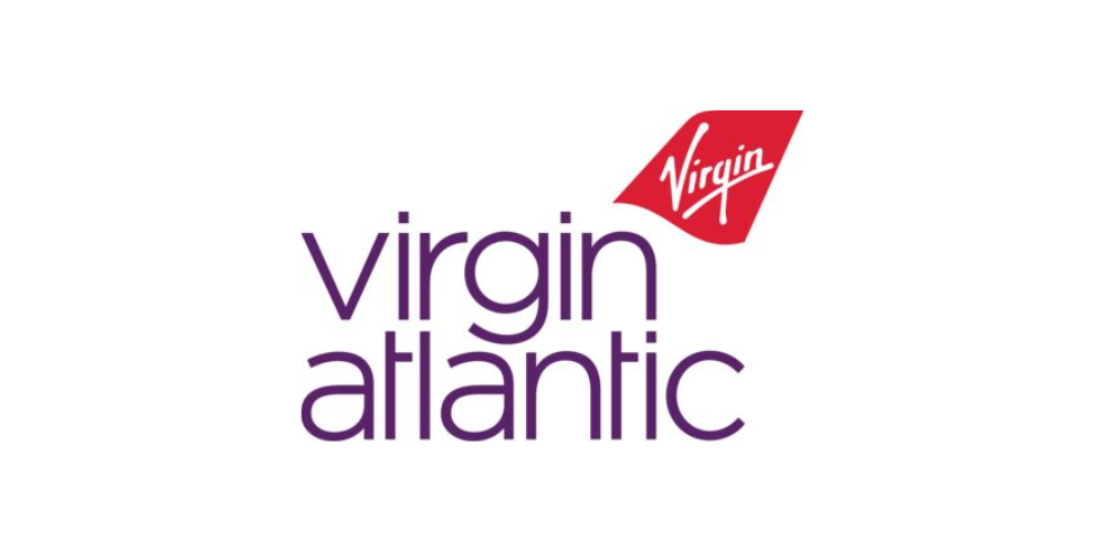Virgin Atlantic airline logo with purple text and red Virgin emblem.