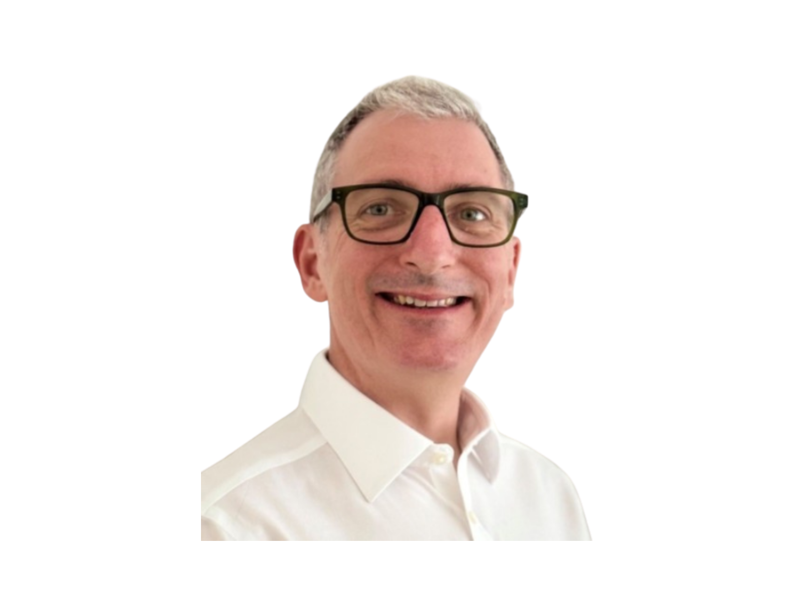 A man with gray hair, glasses, and a white shirt smiling.