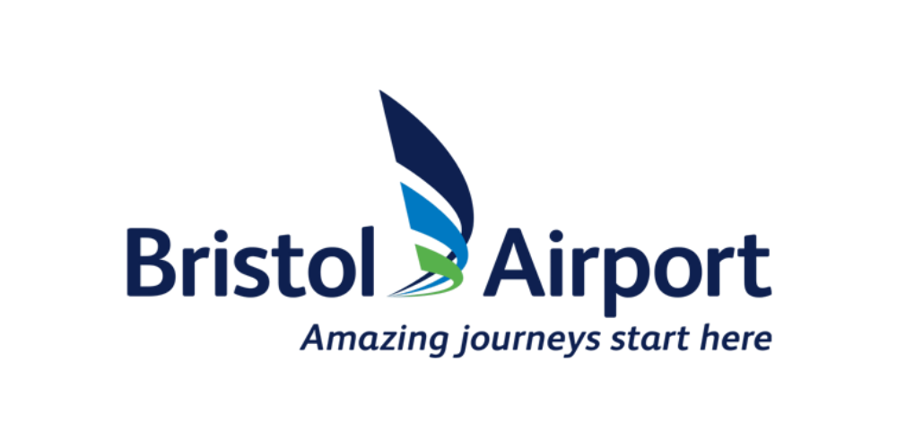 Bristol Airport logo with a stylized feather and the tagline "Amazing journeys start here."