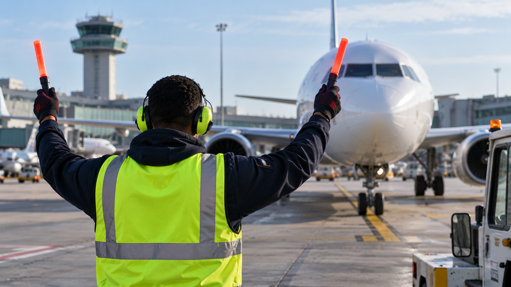 An airport ground crew member in a yellow safety vest and noise-canceling headphones directing a large airplane on the tarmac, with airport control tower in the background.