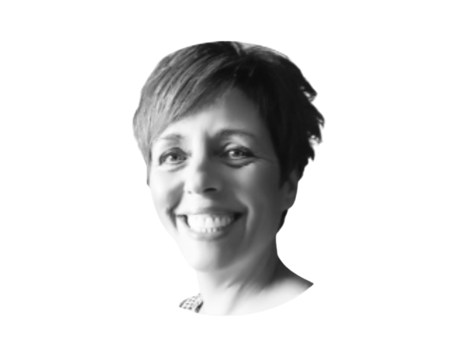 A black and white portrait of a smiling woman with short, styled hair.
