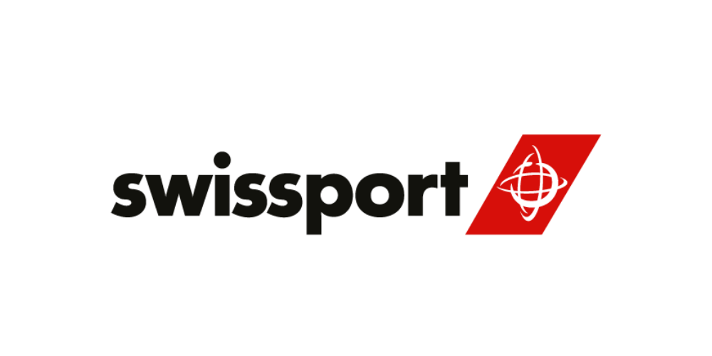 Swisport logo with black text and a red geometric shape containing a globe symbol.