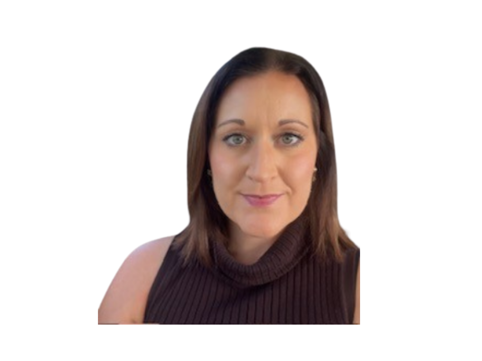 Portrait of a woman with shoulder-length brown hair wearing a sleeveless dark brown ribbed turtleneck top, smiling softly, against a plain background.