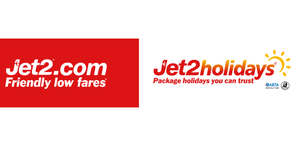 A split banner advertisement for Jet2.com and Jet2holidays, with Jet2.com's logo and slogan 'Friendly low fares' on a red background on the left, and Jet2holidays' logo and slogan 'Package holidays you can trust' with a sun icon on a white background on the right.