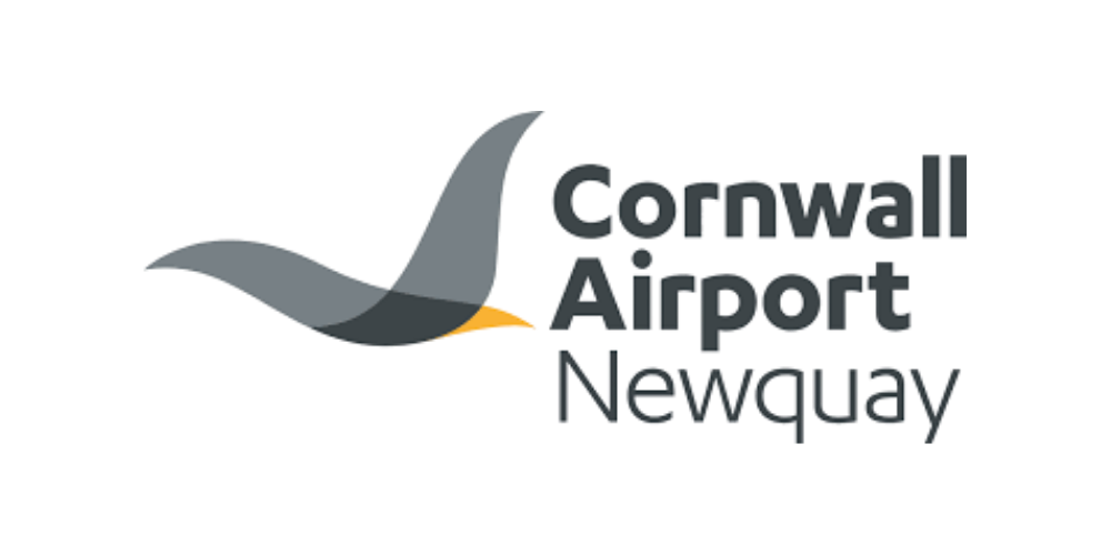 Logo of Cornwall Airport Newquay featuring a stylized seagull and the airport name.