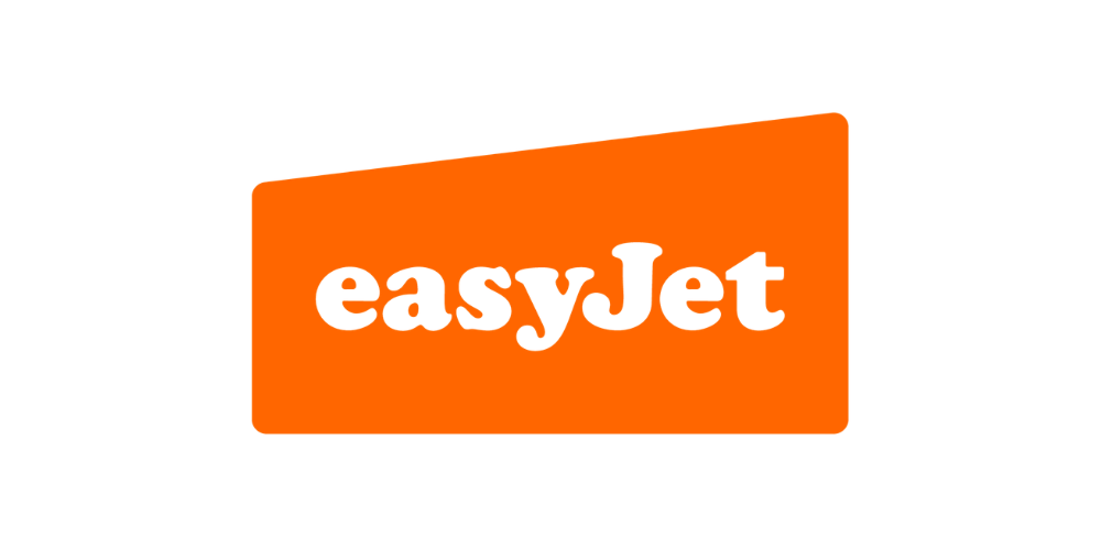 A logo with an orange rectangular shape and the word "easyJet" written in black lowercase letters.