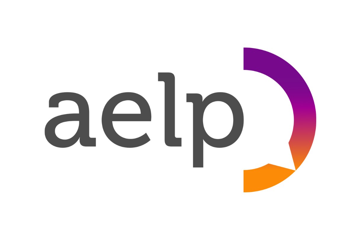 Aelp logo in black text with a multicolored semicircular design on the right.