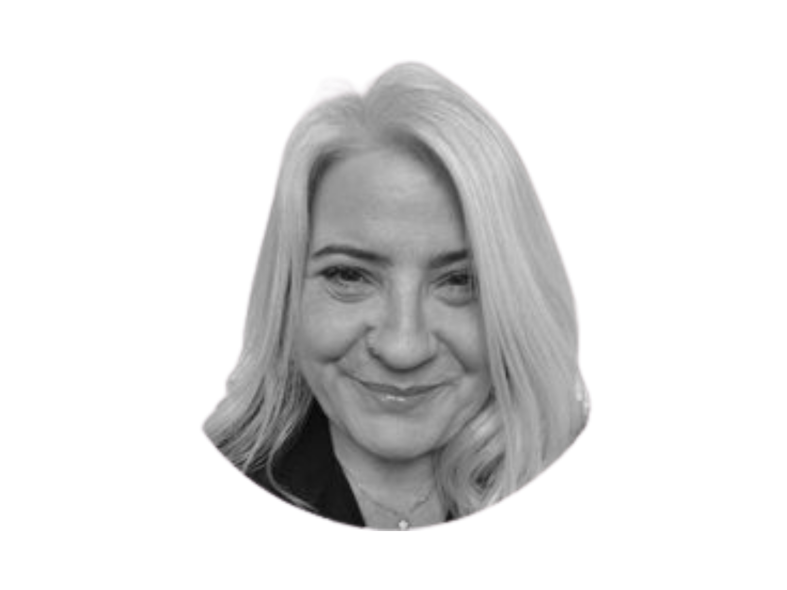 Black and white photo of a woman with long blonde hair smiling