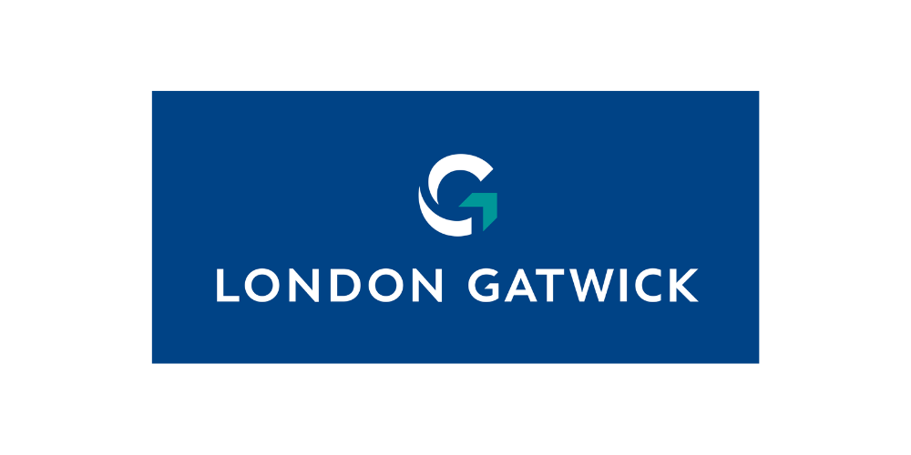 Logo with stylized 'G' and the text 'London Gatwick' beneath it, featured on a blue background.