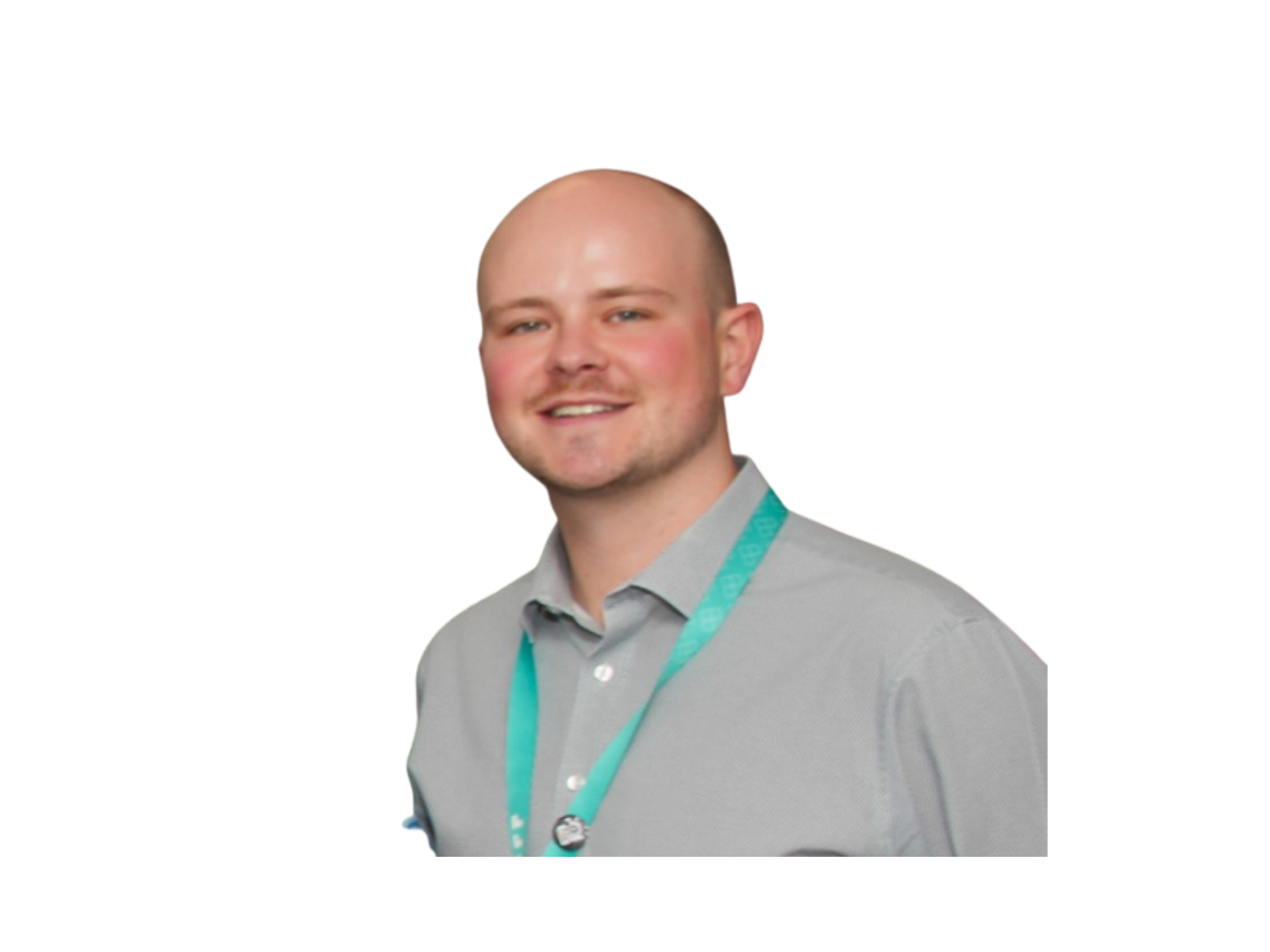 Young man with a shaved head and a friendly smile, wearing a gray collared shirt and a teal lanyard.