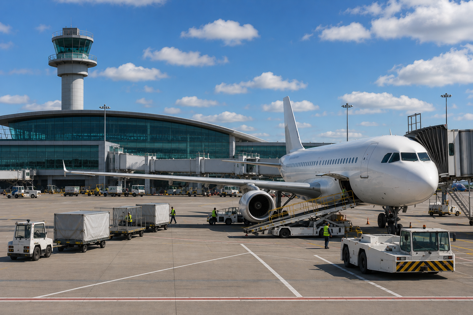 An airplane parked at the gate of an airport terminal, with luggage carts and ground crew working, and control tower in the background.