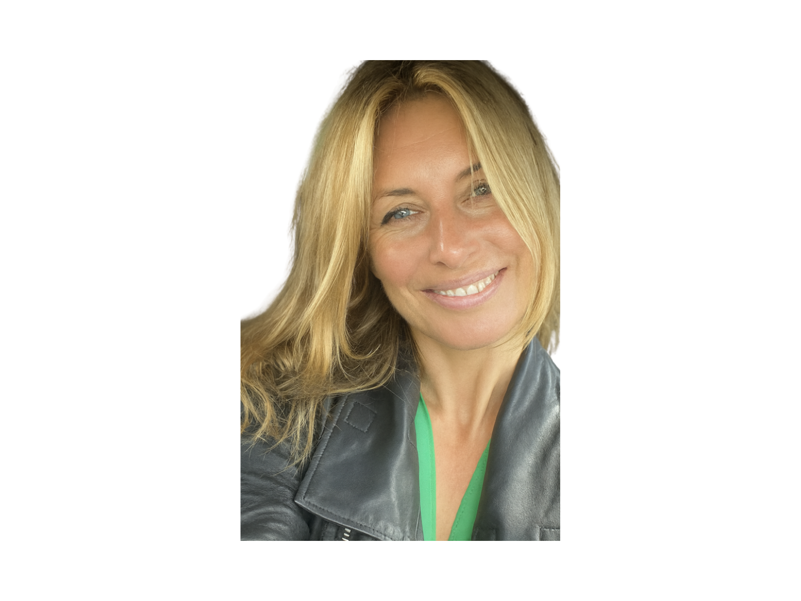 A woman with long blonde hair smiling at the camera, wearing a black leather jacket and a green top.