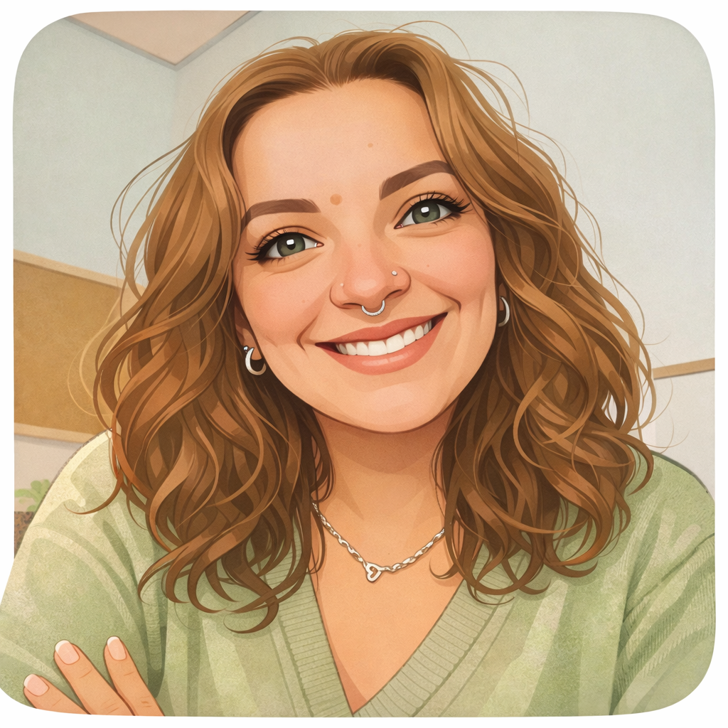 A smiling woman with wavy brown hair, green eyes, and multiple facial piercings, wearing a green top, silver jewelry, and standing indoors.