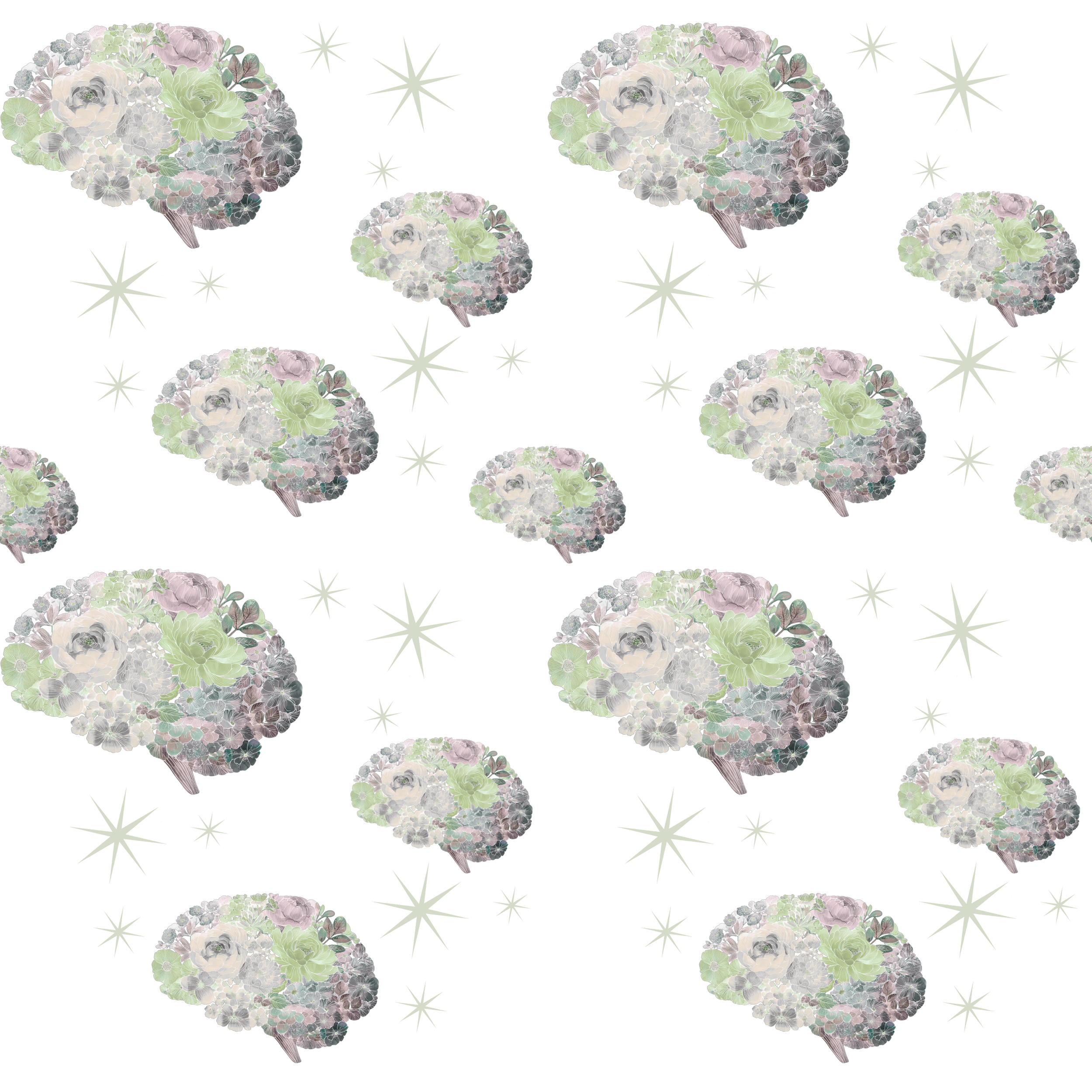 A repeating pattern featuring cartoon-style brain illustrations made of pastel-colored flowers and surrounded by light green stars on a black background.