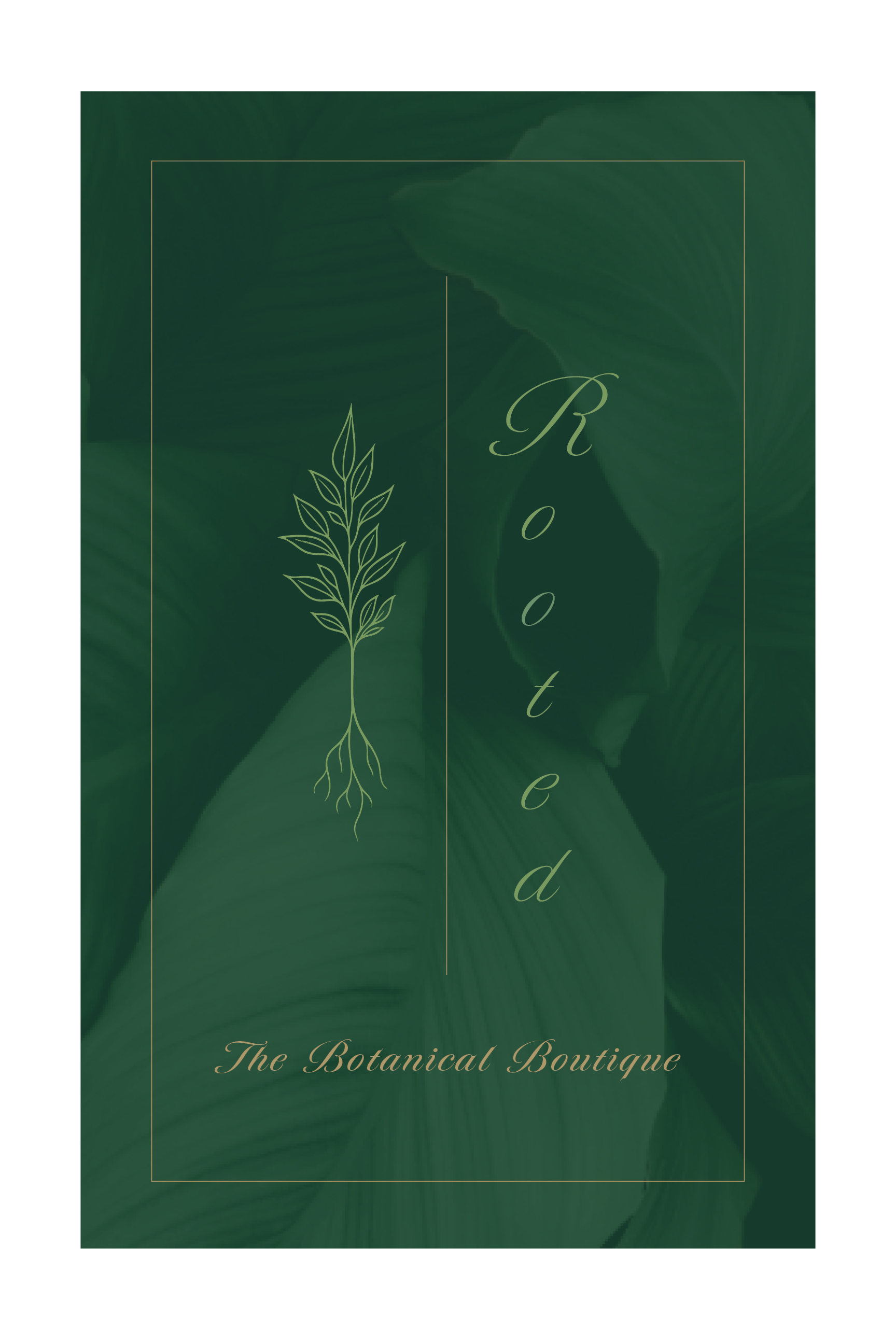 Green botanical-themed logo for Rooted, a botanical boutique, with a simple line drawing of a plant and text overlay.