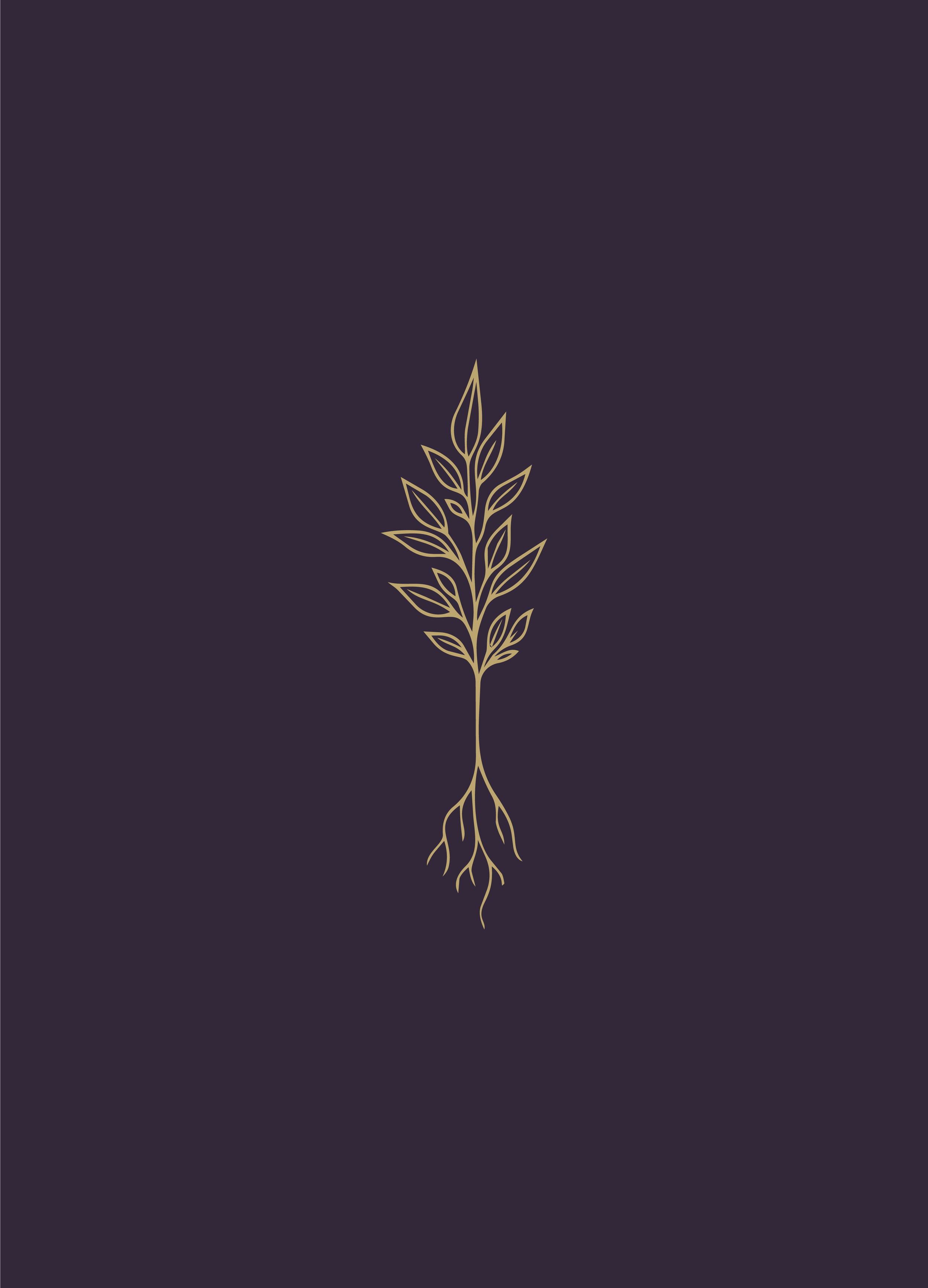 A minimalistic gold outline of a plant with leaves and roots on a dark background.