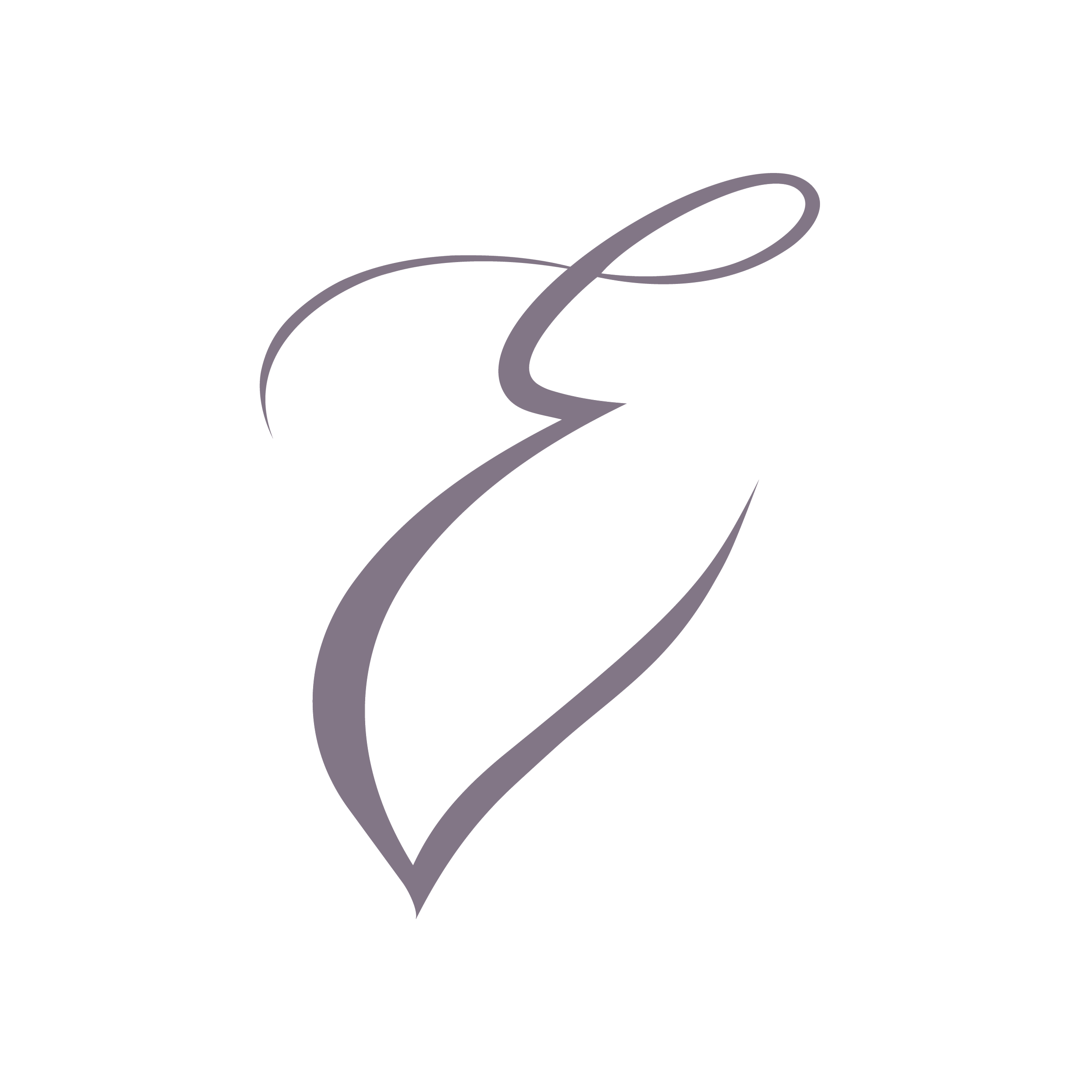 Stylized elegant letter E with floral design elements, in dark purple, on a black background.