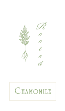 A logo with a green plant illustration on the left, the word 'Rooted' written vertically in cursive on the right, and the word 'Chamomile' in a green box at the bottom.