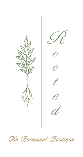 A botanical logo with a stylized plant and roots on the left, and the word 'Rooted' in elegant cursive on the right, with the phrase 'The Botanical Boutique' at the bottom.