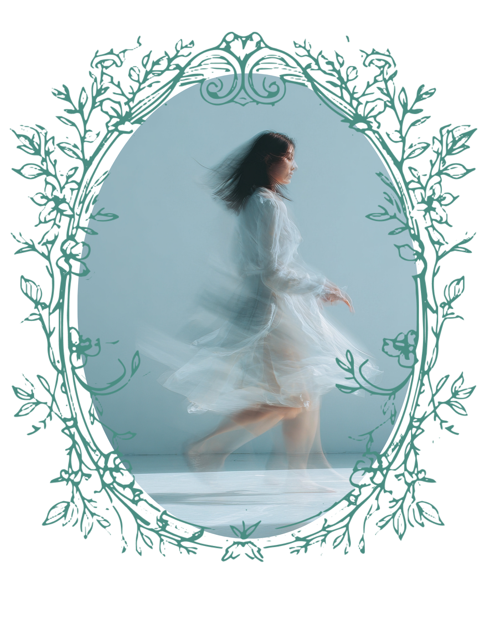 A woman with long brown hair sitting on the floor with her knees up, wearing a flowing white dress, against a plain light background, with her eyes closed and hair blowing to the side.