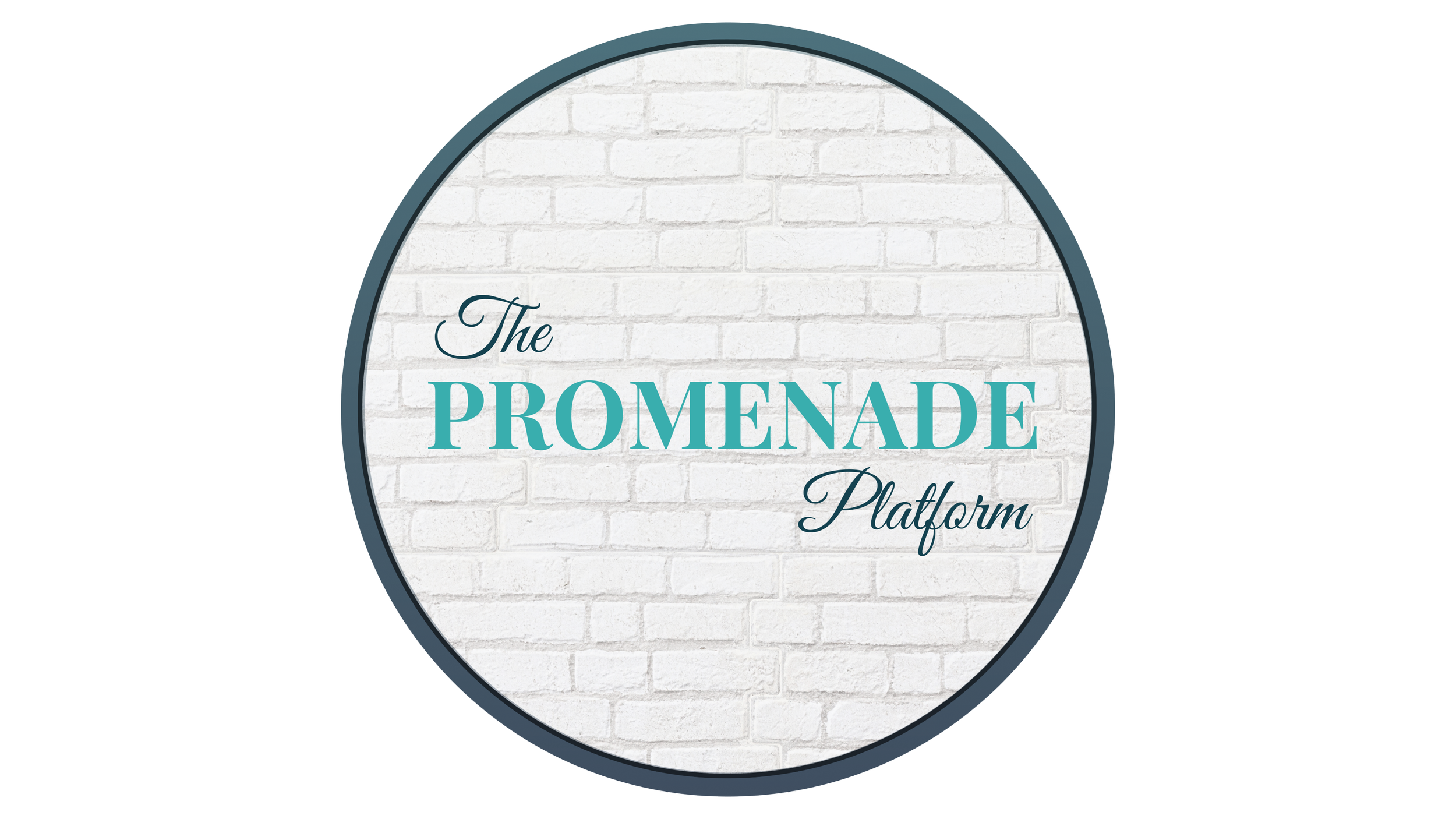 Logo for The Promenade Platform featuring a white brick wall background within a dark circular border.