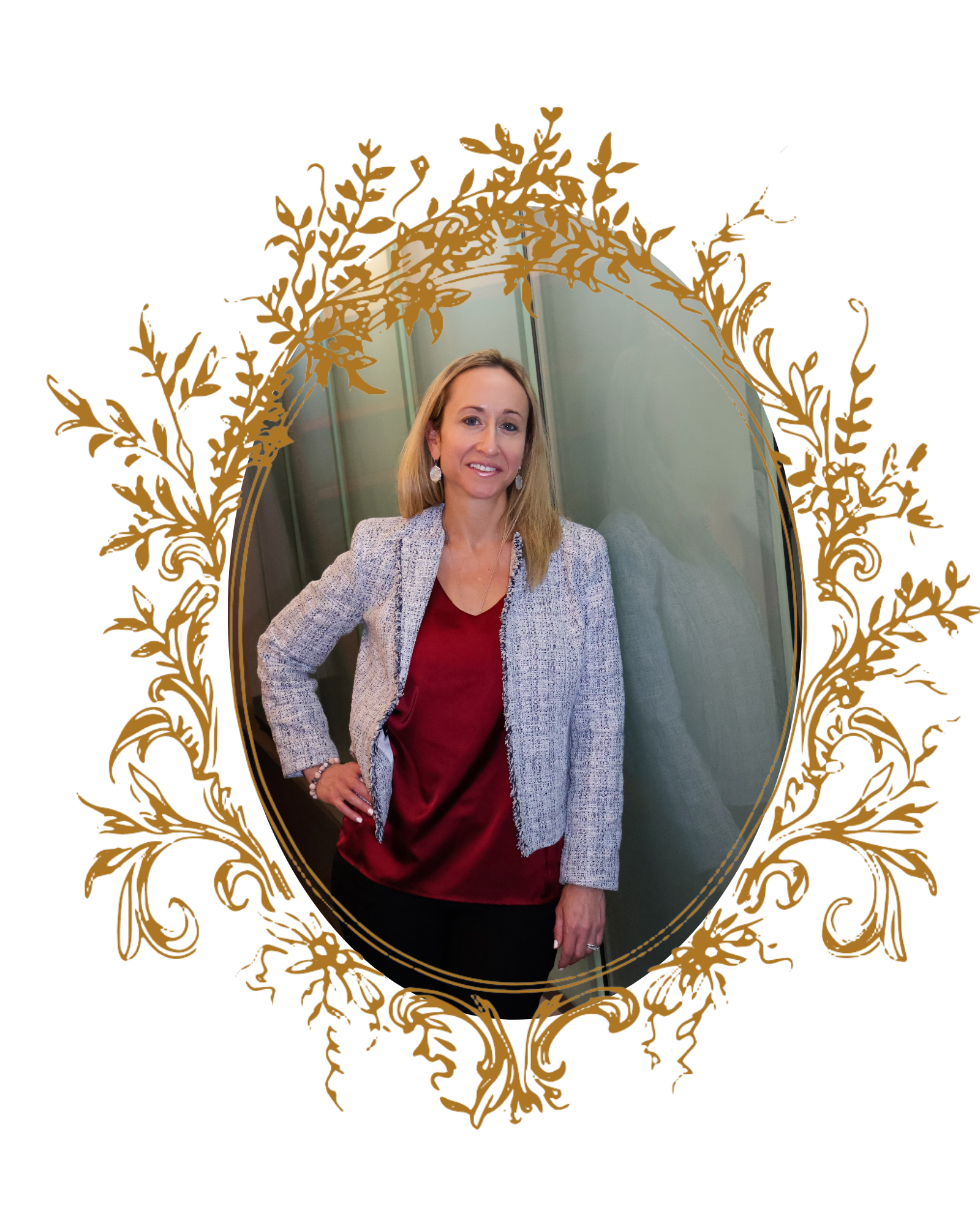Dr. Teri Krakovich with blonde hair, wearing earrings, a patterned blazer, and a red top, standing in front of a green surface with an ornate gold decorative frame overlay.