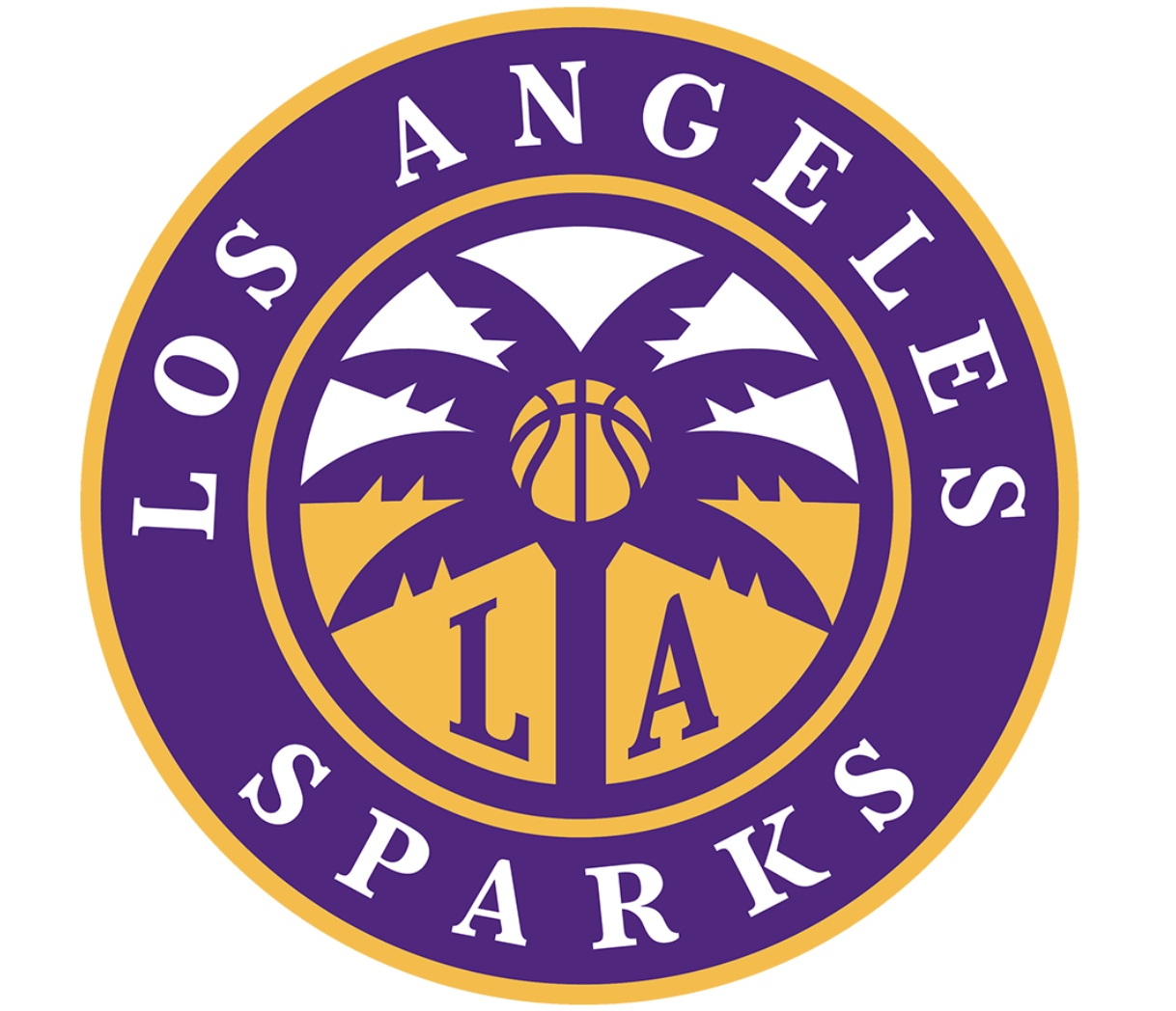 LA Clippers logo featuring a purple and gold circular emblem with a palm tree, a basketball in the center, and the words 'Los Angeles Clippers' around the circle.