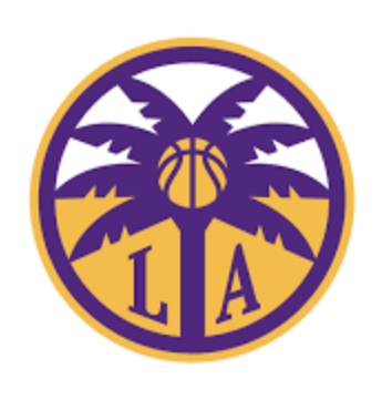 Los Angeles Lakers logo with a basketball in the center and palm trees, in purple and gold colors.