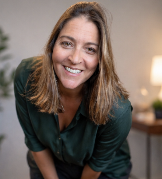 Close-up of a woman with shoulder-length brown hair, smiling, wearing a dark green shirt, in a warmly lit indoor setting.
