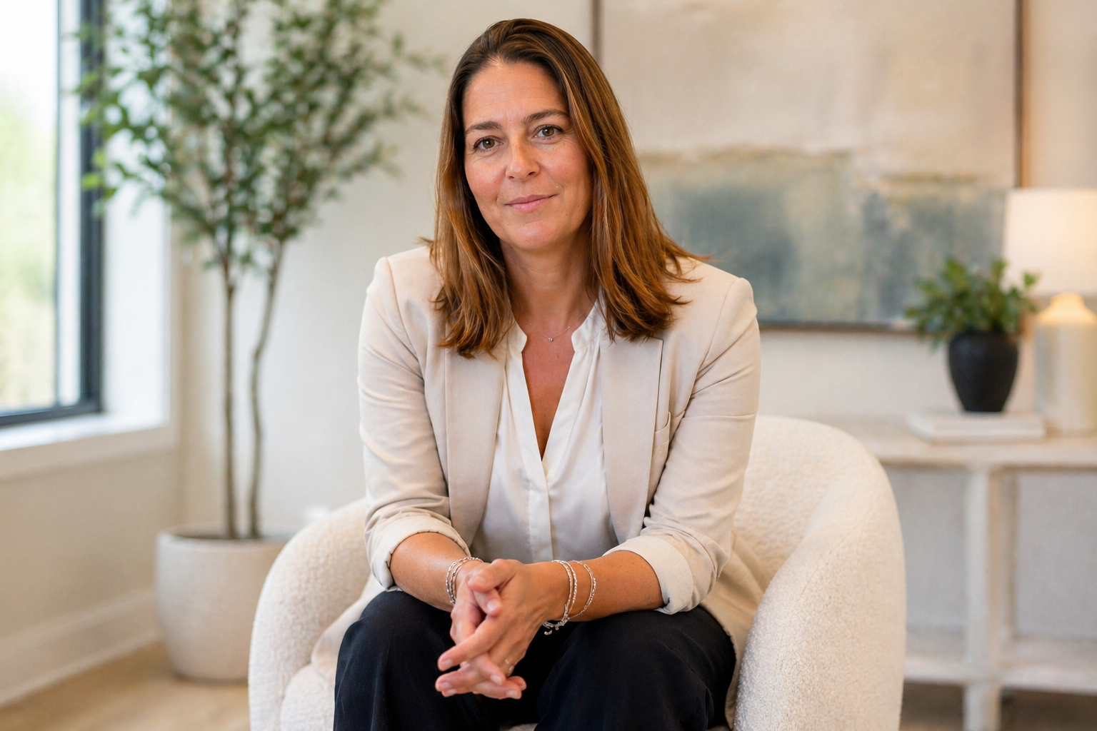 A woman with shoulder-length brown hair, wearing a light-colored blazer and white blouse, sitting on a cream-colored armchair in a room with natural light coming from a window. There is a large potted plant, a painting, and a side table with a lamp and a small plant in the background.