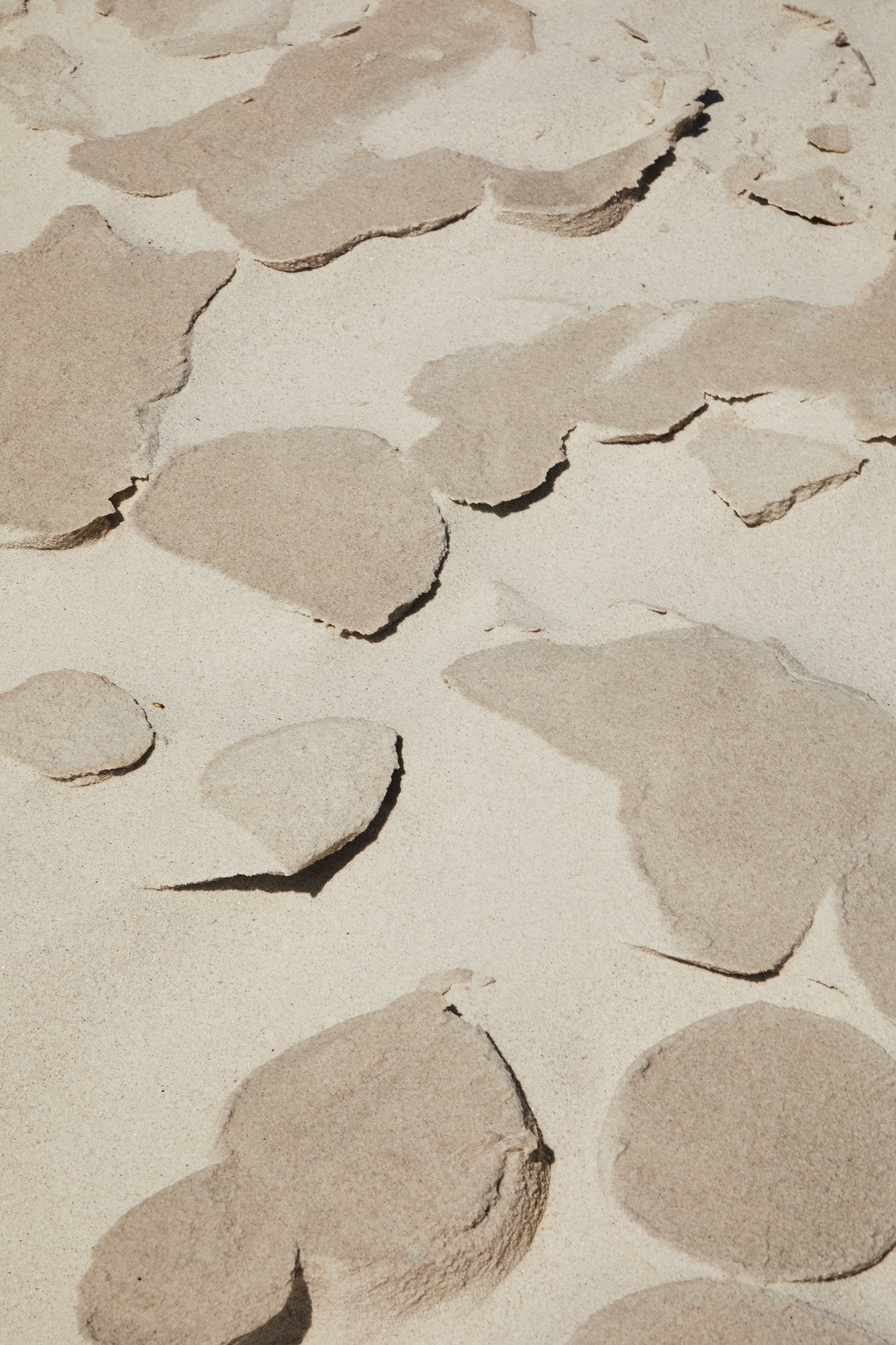 Close-up of cracked and peeling beige paint or plaster on a surface.