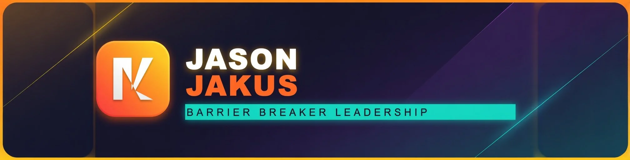 Digital graphic with bold text: 'Jason Jakus' and a subtitle 'Barrier Breaker Leadership' against a dark background with colorful diagonal lines.
