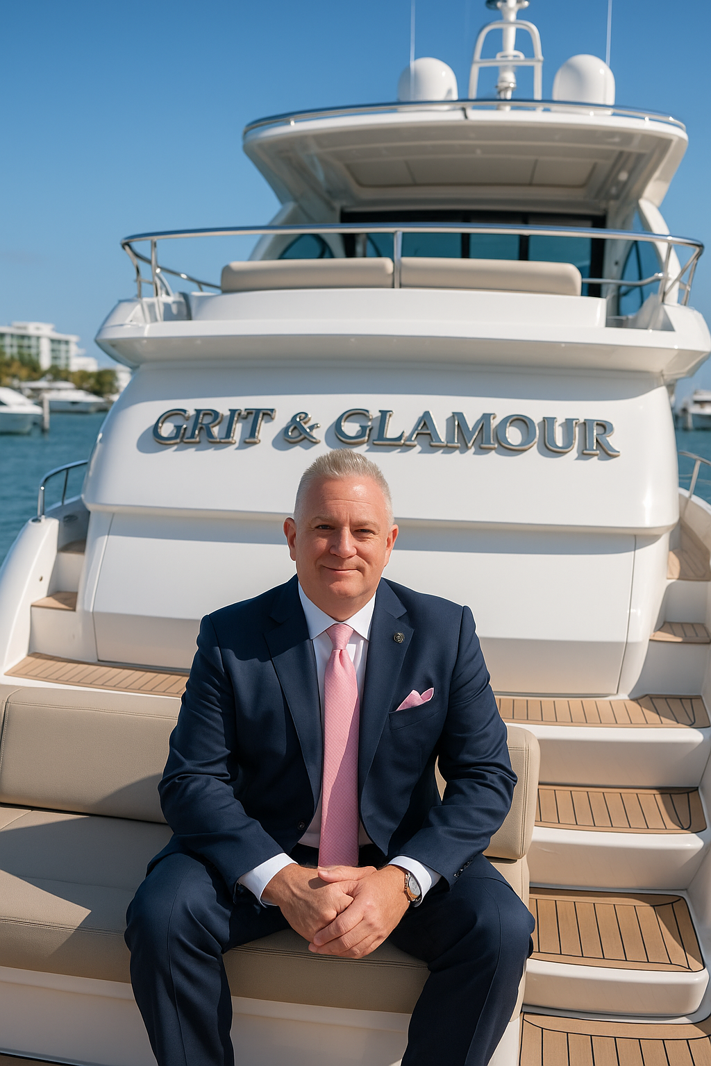Jason Jakus in a dark suit with a pink tie and pocket square sitting on a boat with a yacht in the background that reads "Grit & Glamour". The man is smiling and has gray hair. The setting is sunny by the water with other boats visible.