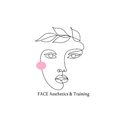 Line drawing of a woman's face with a pink circle on her cheek, trees and a sun in the background.