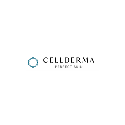 Cellderma logo with hexagon graphic and text 'Cellderma Perfect Skin' on a black background.