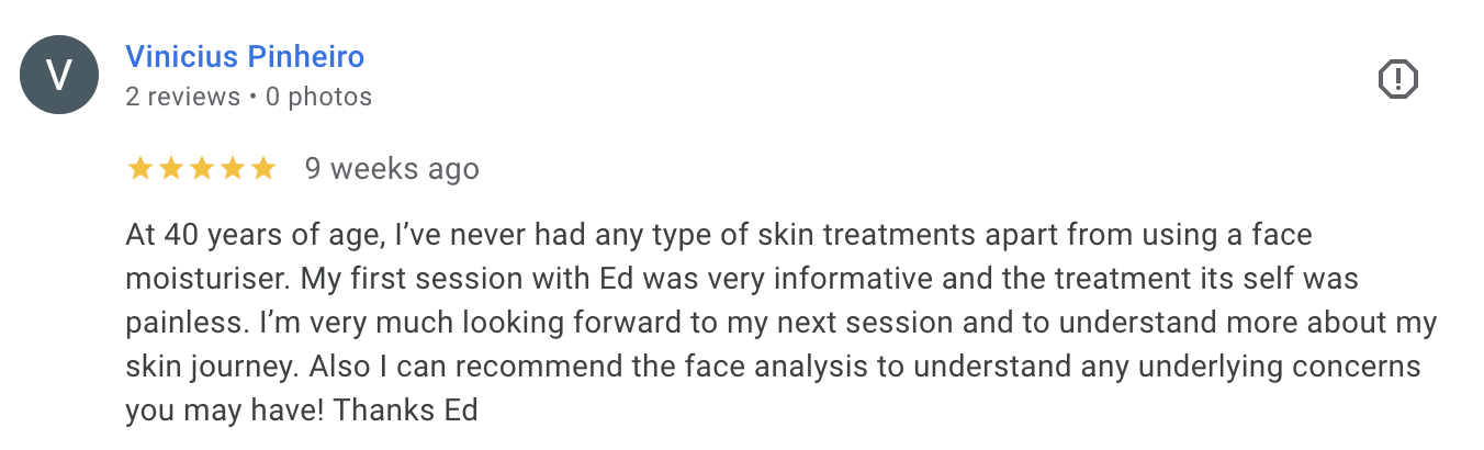 Screenshot of a Google review by Vinicius Pinheiro about a skincare or facial treatment, praising the experience and recommending a face analysis.